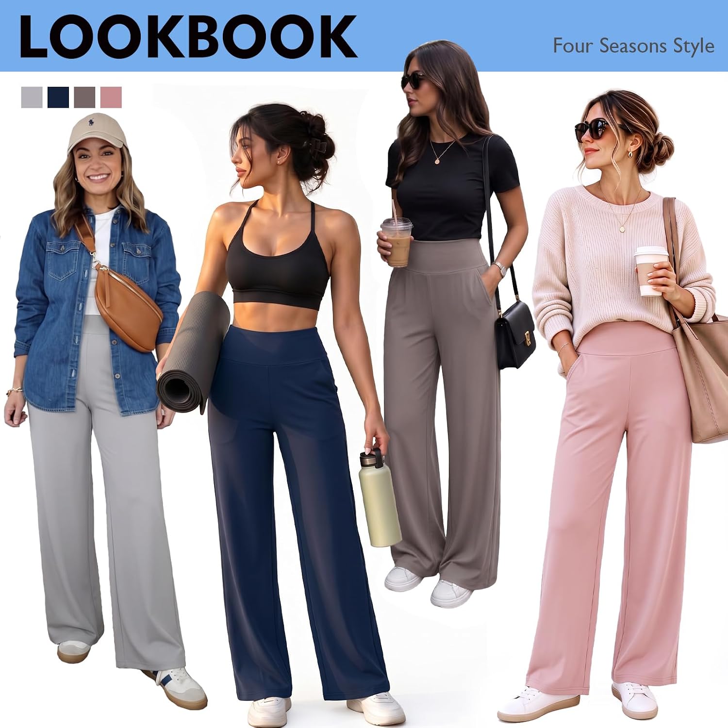 Detalle 2 de NEW YOUNG 3-Pack Wide-Leg Yoga Pants with Pockets, High Waist and 4-Way Stretch