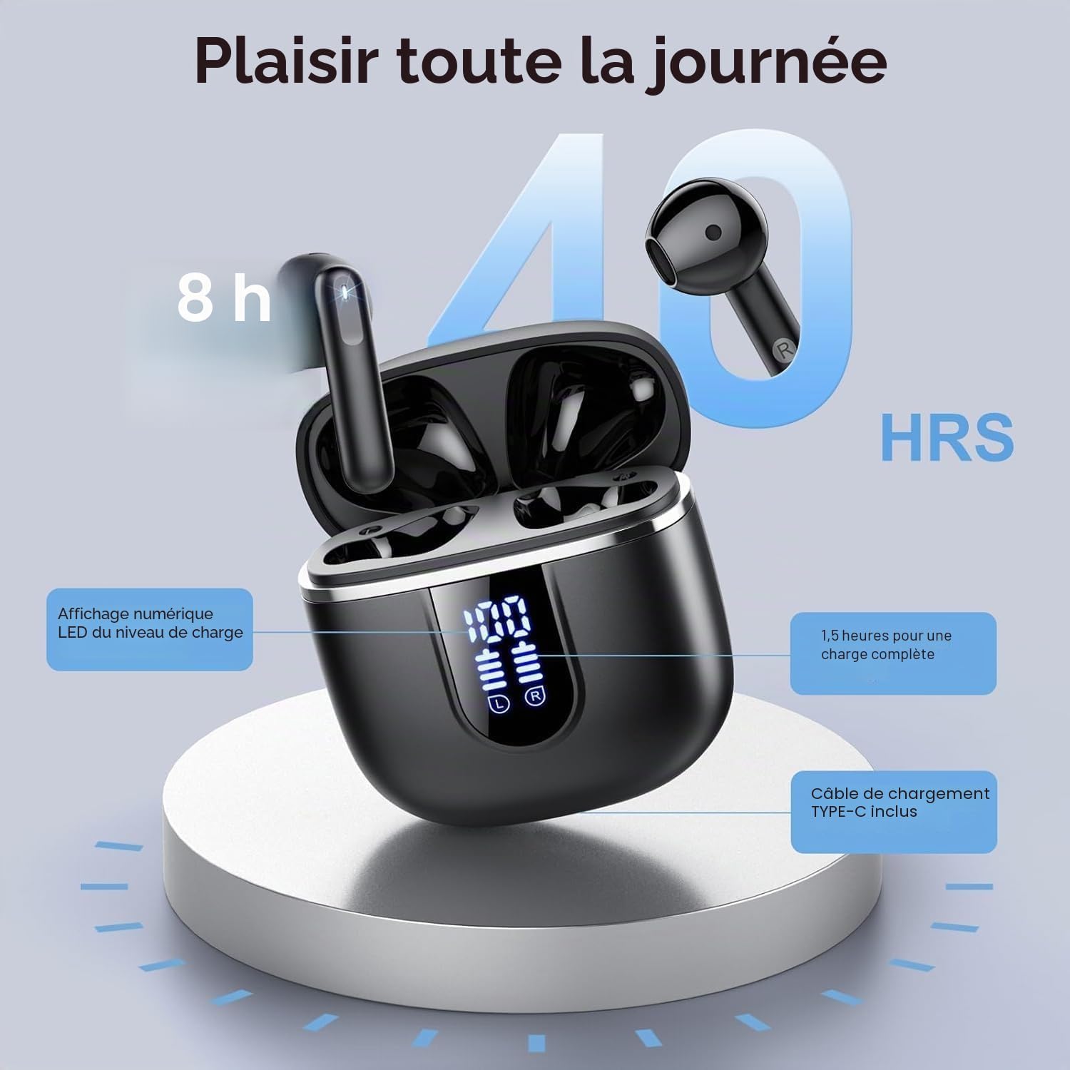 Detalle de Écouteurs Bluetooth sans fil Bluetooth 5.4 avec réduction de bruit ENC, 4 micros et autonomie jusqu’à 40 h (USB‑C, IP7)