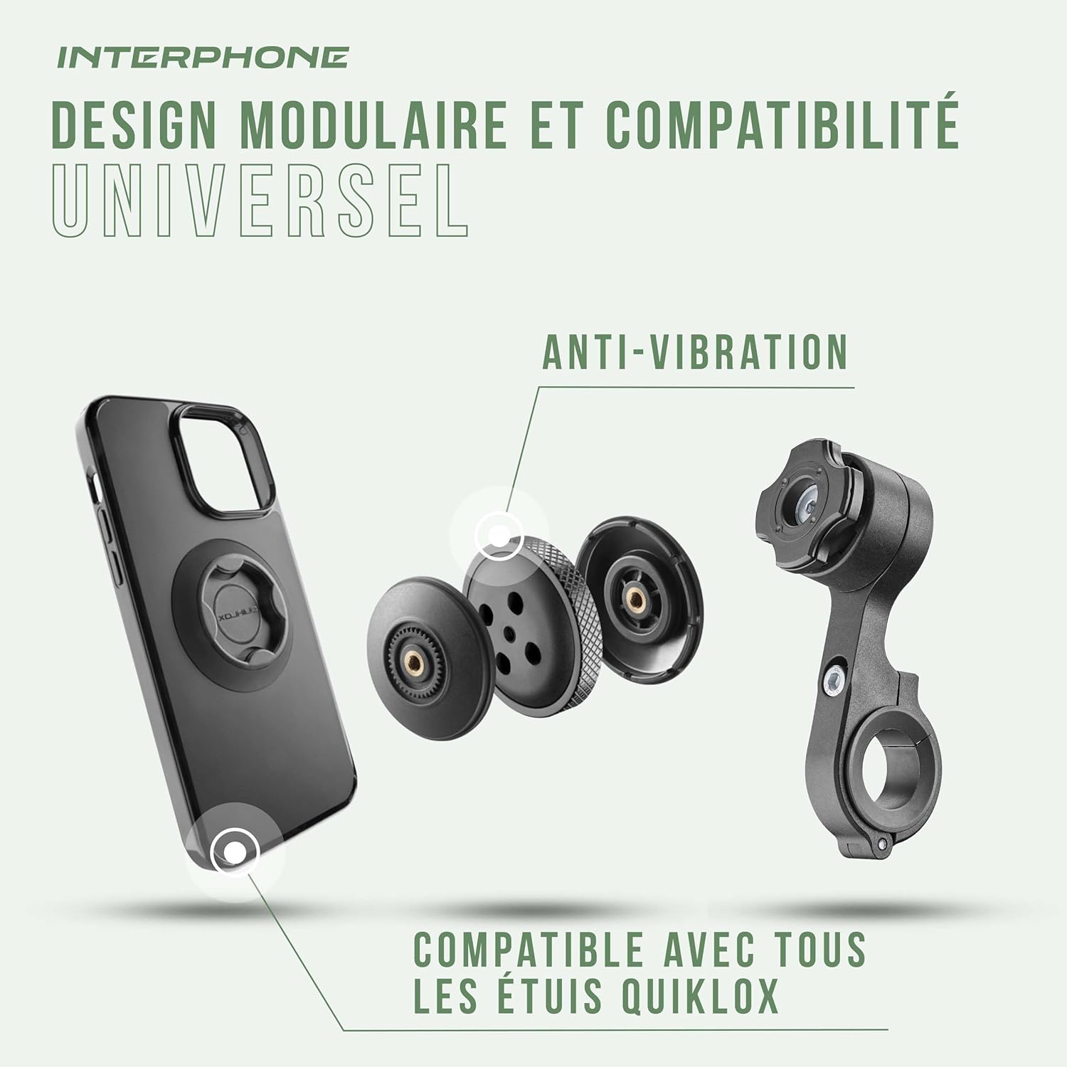 Detalle de Interphone QUIKLOX Support téléphone vélo – Support smartphone fiable pour guidon 22–31,8 mm