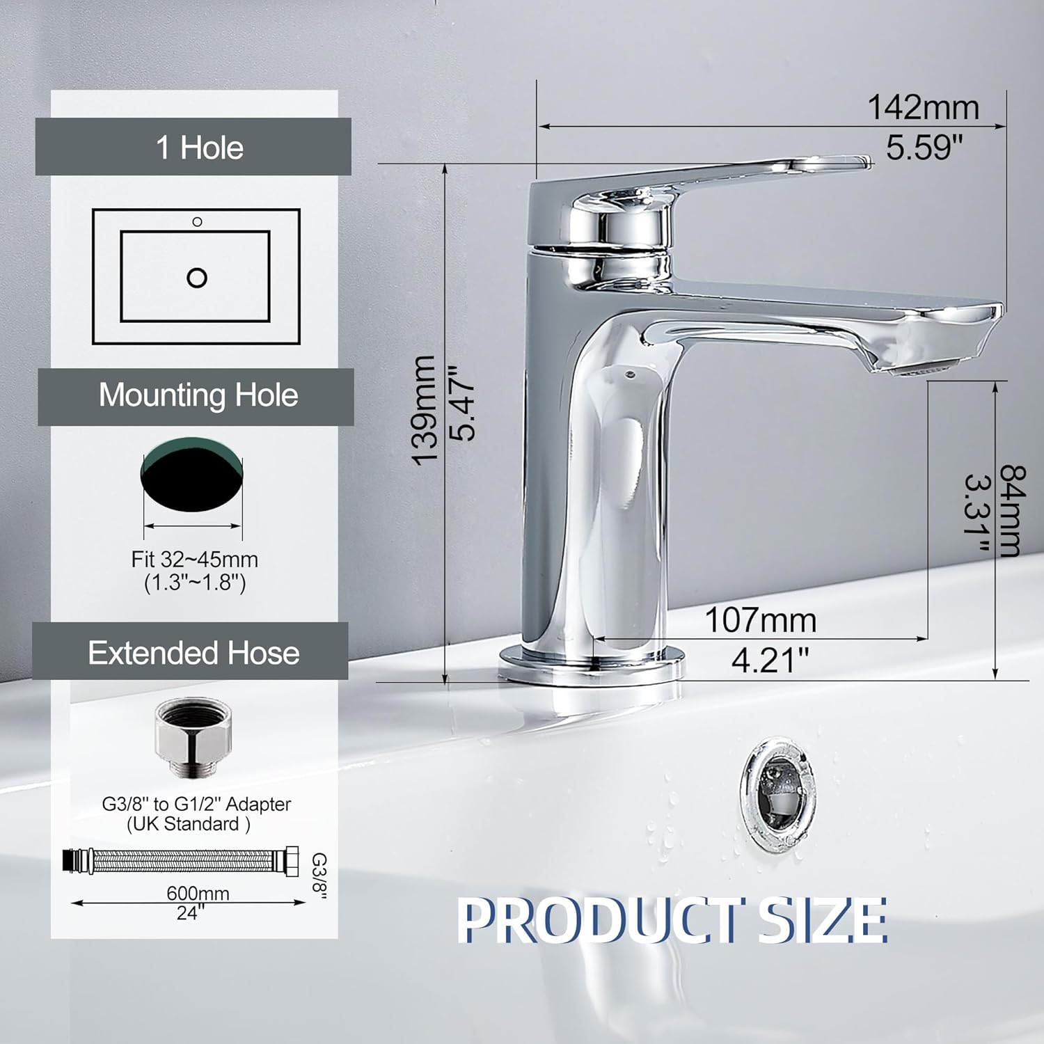 Detalle 2 de BELZ Modern Basin Mixer Tap (Single Lever) – Chrome brass bathroom faucet with hot & cold mixer