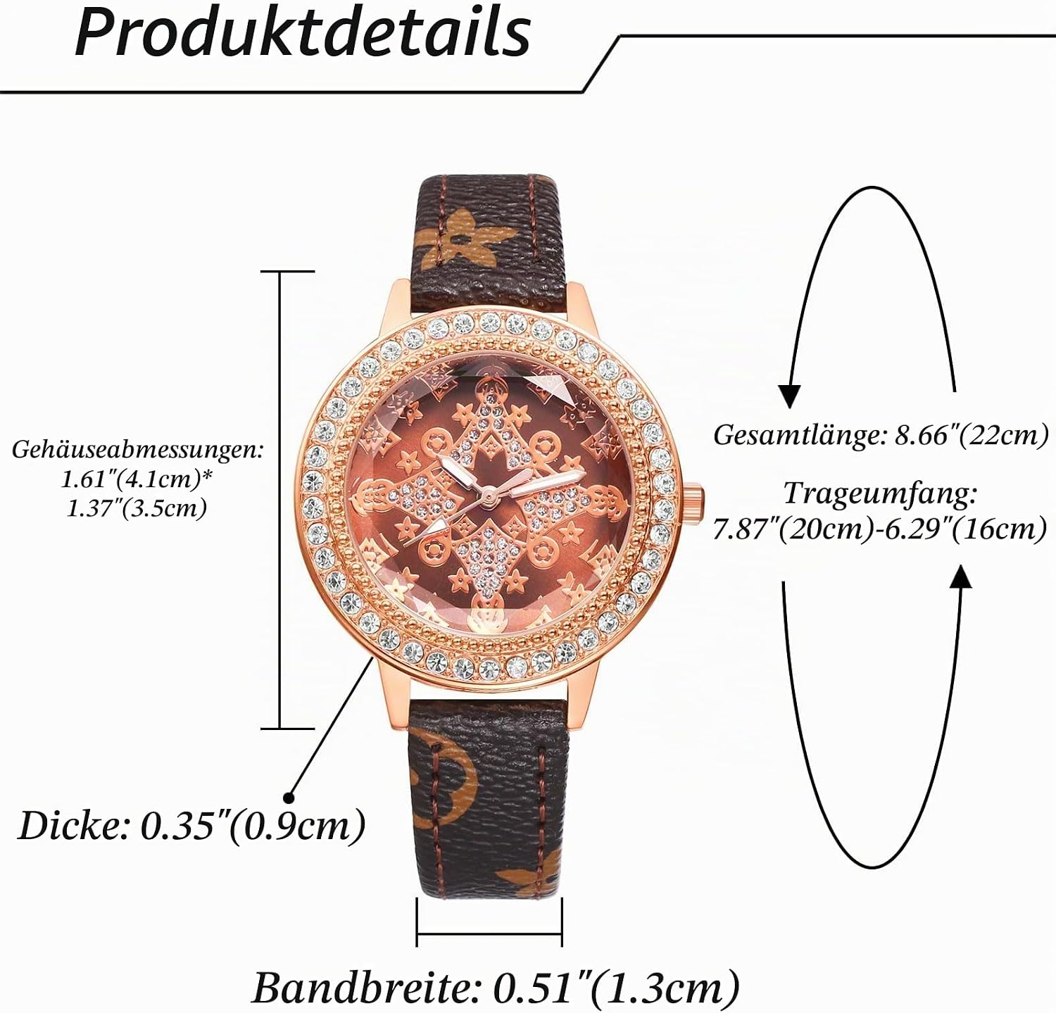 Detalle de JewelryWe Damen Uhr Leder Diamant – Glitzer Strass Analog Quarz Armbanduhr
