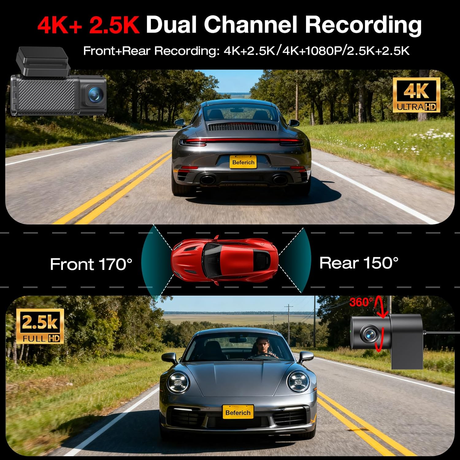 Detalle de Beferich 4K Dash Cam Front and Rear with 64GB, GPS, and 5.8GHz WiFi