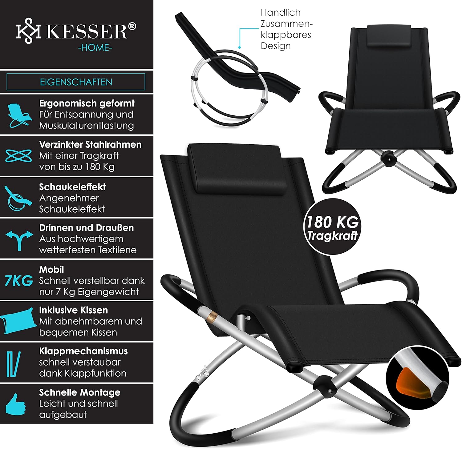 Thumbnail 2 de KESSER® Relaxliege Liegestuhl – ergonomische, klappbare Gartenliege mit wetterfestem Design (bis 180 kg) in Schwarz