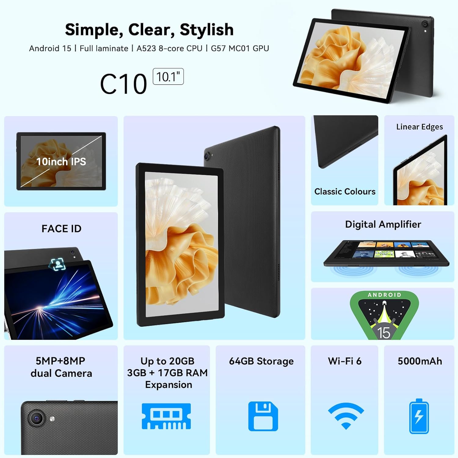 Detalle 2 de Whitedeer Android Tablet 10 Zoll – Android 15, Octa-Core, 20GB RAM, 64GB ROM + 1TB erweitert