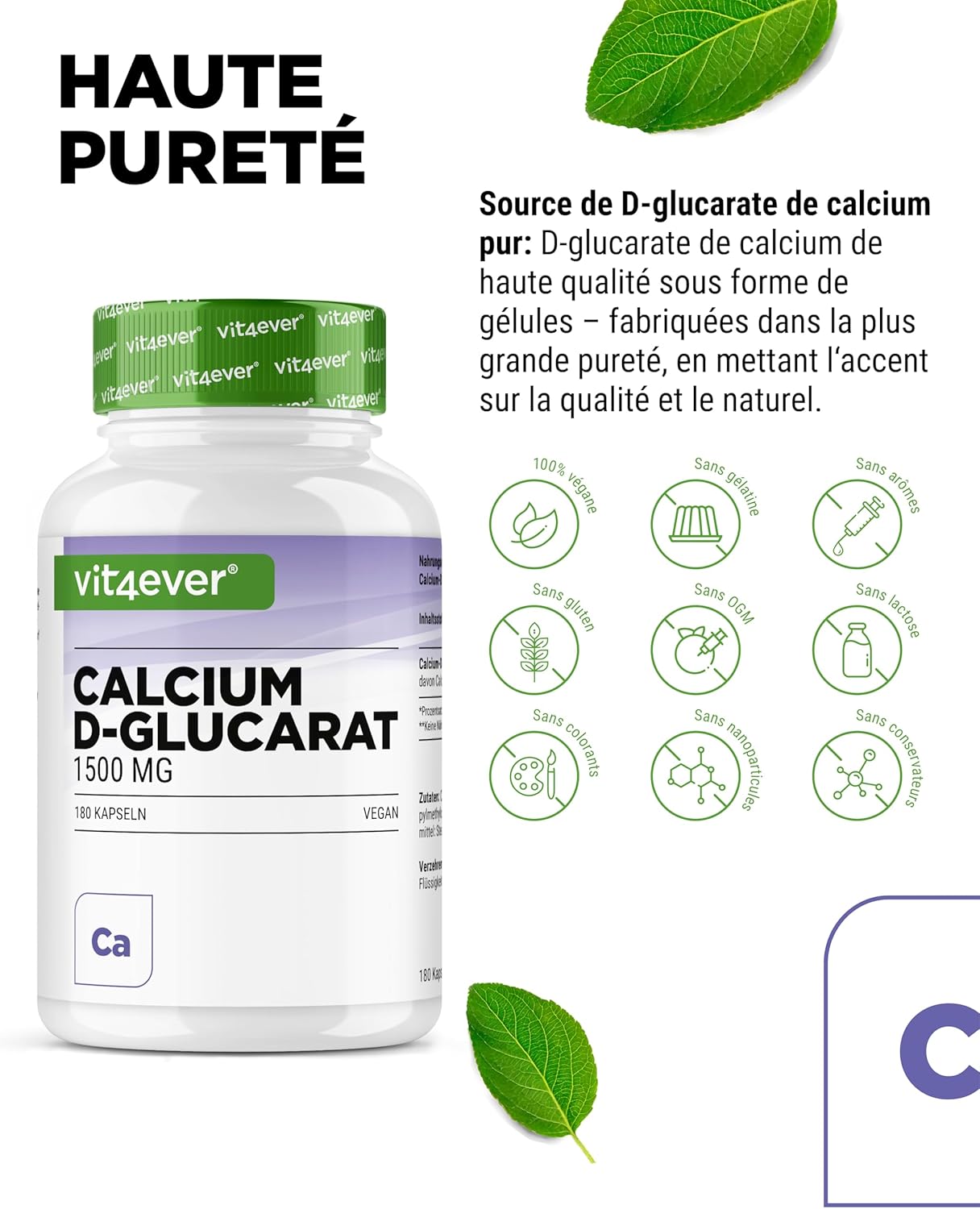 Detalle de Vit4ever Calcium-D-Glucarate 1500 mg — 180 gélules véganes, fort dosage pour une supplémentation quotidienne