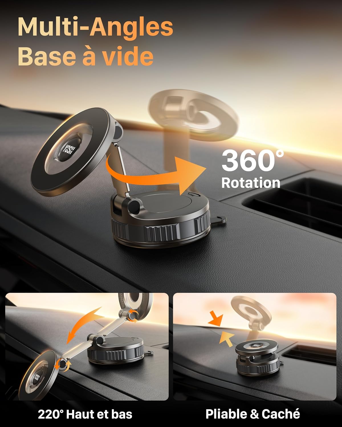 Detalle de Support Téléphone Voiture Magnétique YOSH avec Ventouse Nano-Gel et Aimants N55