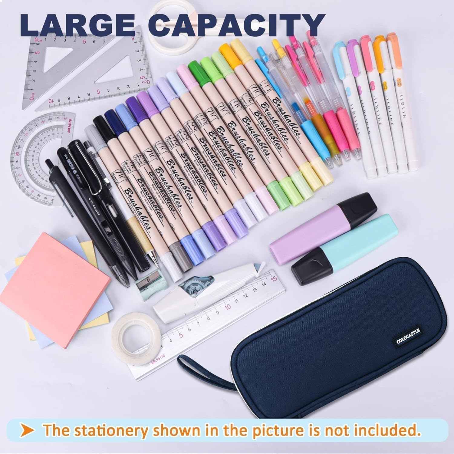 Detalle de COLOCASTLE C5BCY001-2 etui met 3 vakken, blauwe strepen en ruimte voor 50 pennen