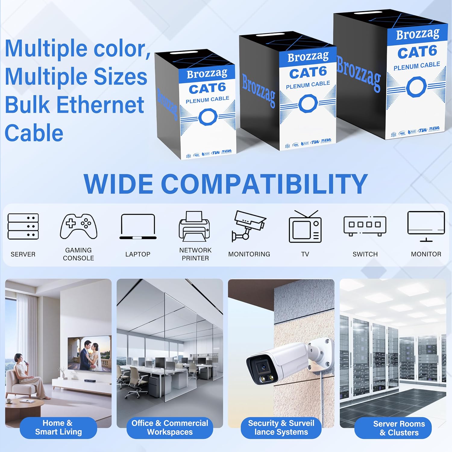 Detalle 2 de Brozzag BG-R-Cat6/5E-1000FT-BU Cat6 Ethernet Cable, 23 AWG CCA, 550 MHz