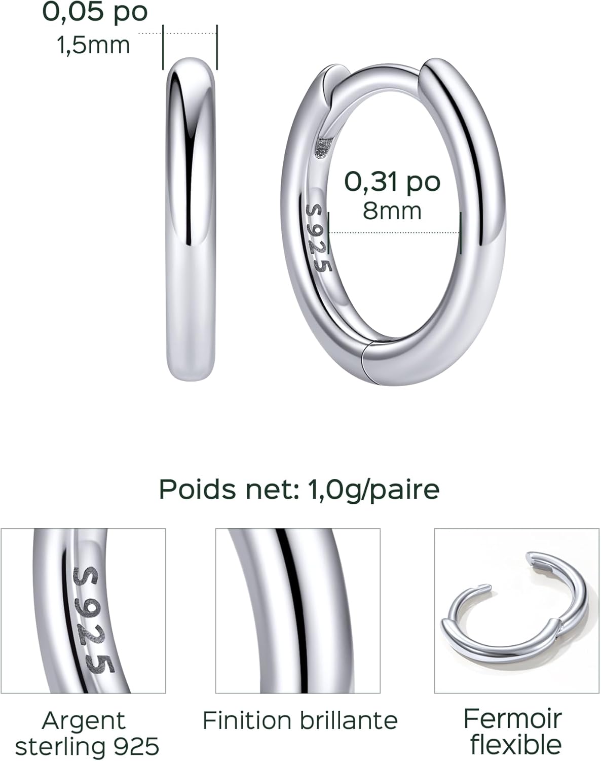 Thumbnail 4 de ChicSilver petites créoles en Argent 925 massif (8/9/10/12/14/16/20 mm) pour femme et homme