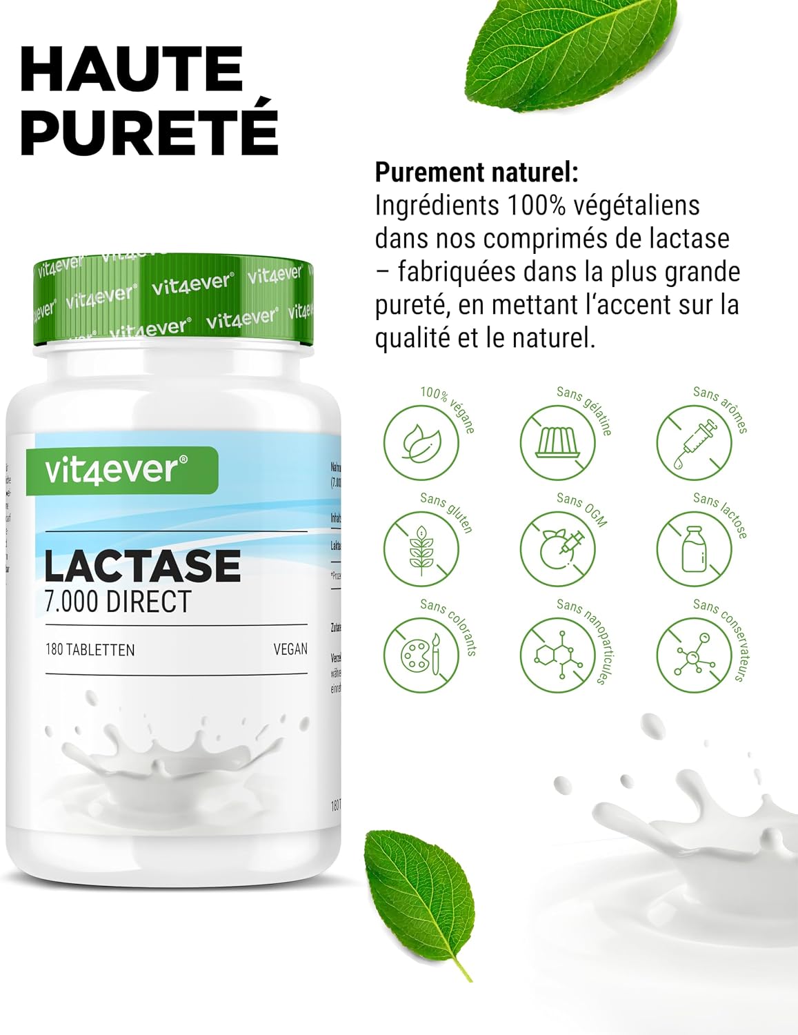Detalle de Vit4ever Lactase 7.000 (180 comprimés) à effet immédiat, vegan