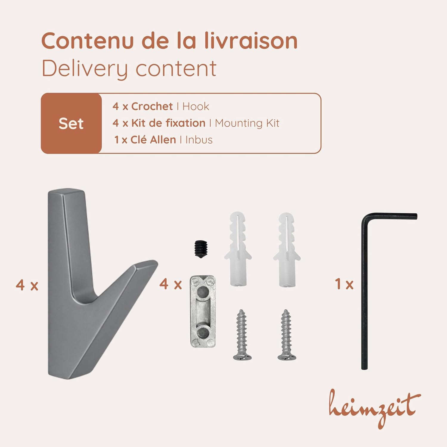Detalle 1 de heimzeit Volt hook_d1_grey_4P wandhaken van zinklegering, grijs, set van 4