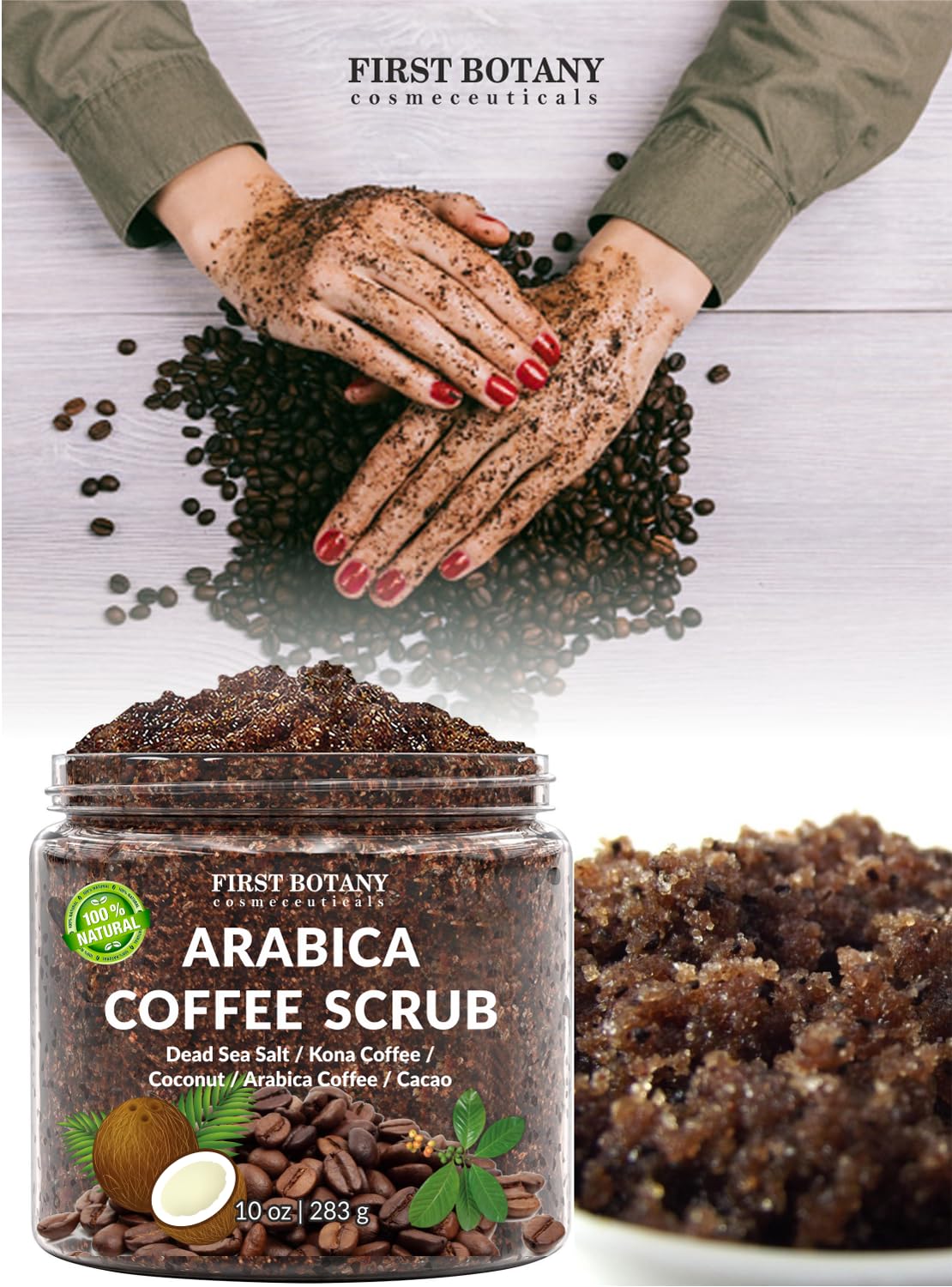 Detalle de First Botany Cosmeceuticals 100% Natural Arabica Coffee Scrub (Organic Coffee, Coconut, Shea Butter) — 10 oz