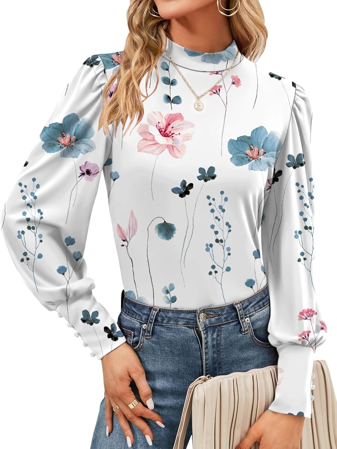 Detalle de Tisfeer Damen Bluse Langarm Rollkragen mit Puffärmeln – eleganter Basics-Top für Herbst/Winter