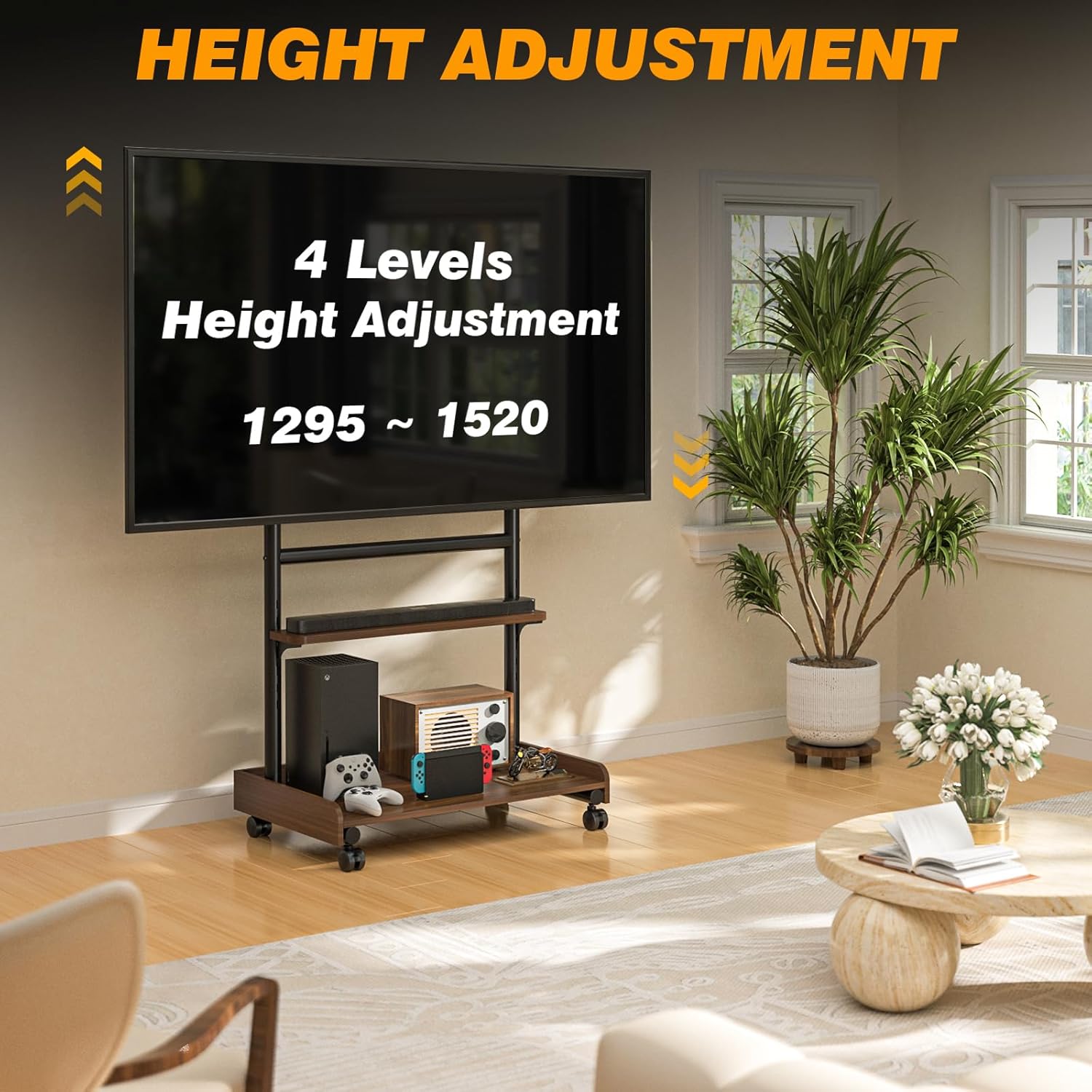 Thumbnail 2 de TVON Support TV sur pied roulant réglable (40 à 86 pouces) avec étagère et base en bois