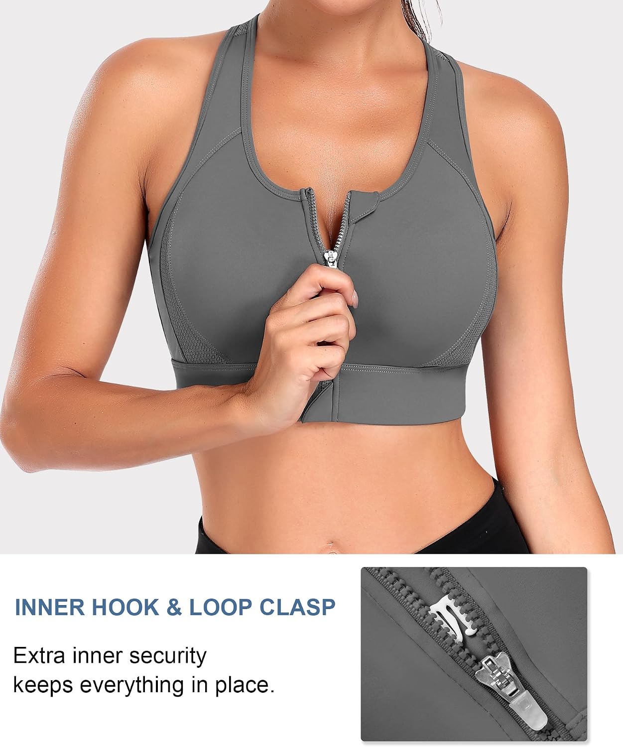 Detalle de JoyGirl High-Impact Sports Bra with Front Zip and Racerback