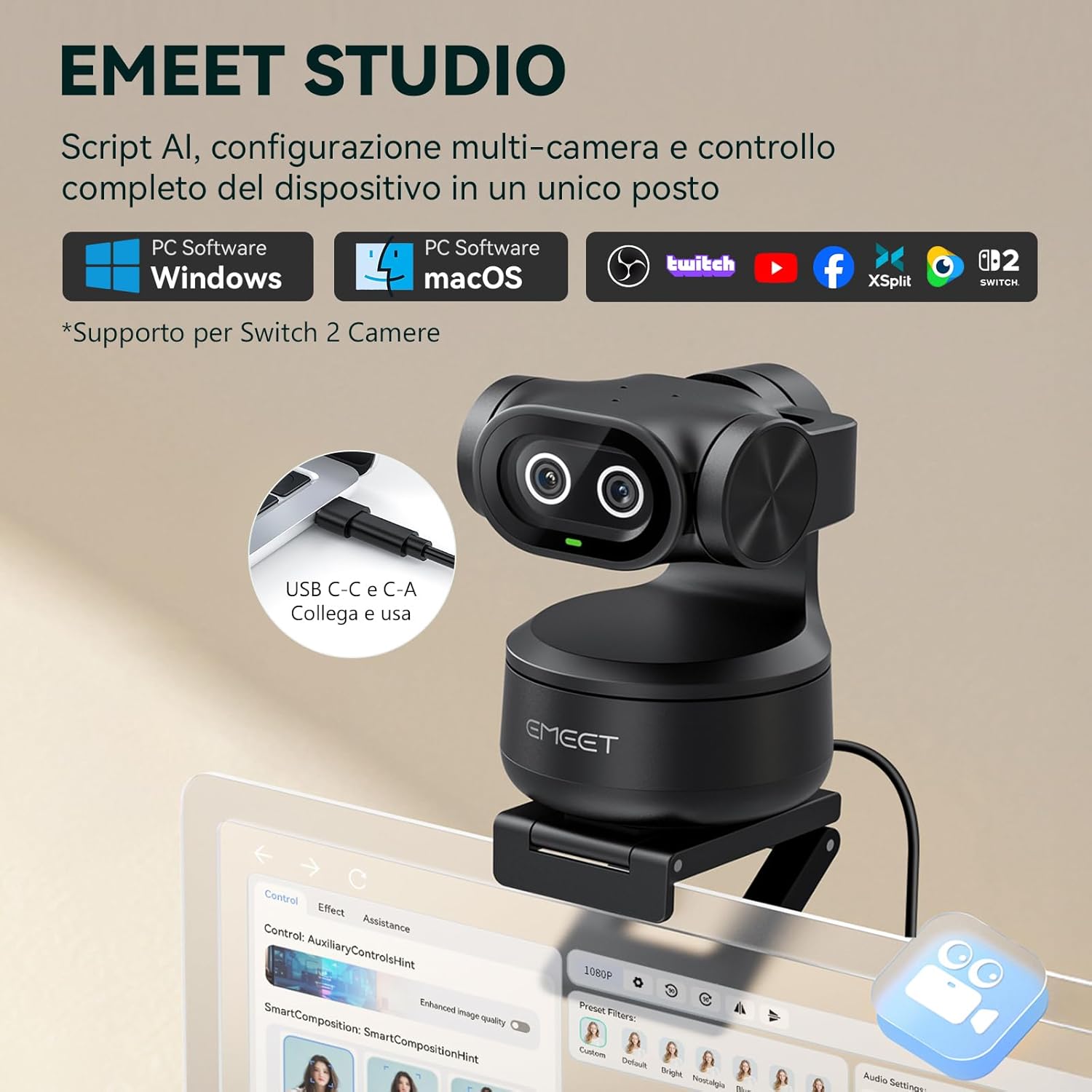Thumbnail 6 de EMEET PIXY: Telecamera PTZ 4K a Doppia telecamera con IA per streaming e conferenze