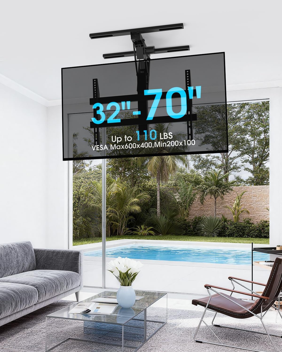 Detalle de Xyndyx Elektrische TV-Deckenhalterung 32–70 Zoll mit Fernbedienung – Flach- & Curved-TVs, VESA bis 600x400 mm, Schwarz