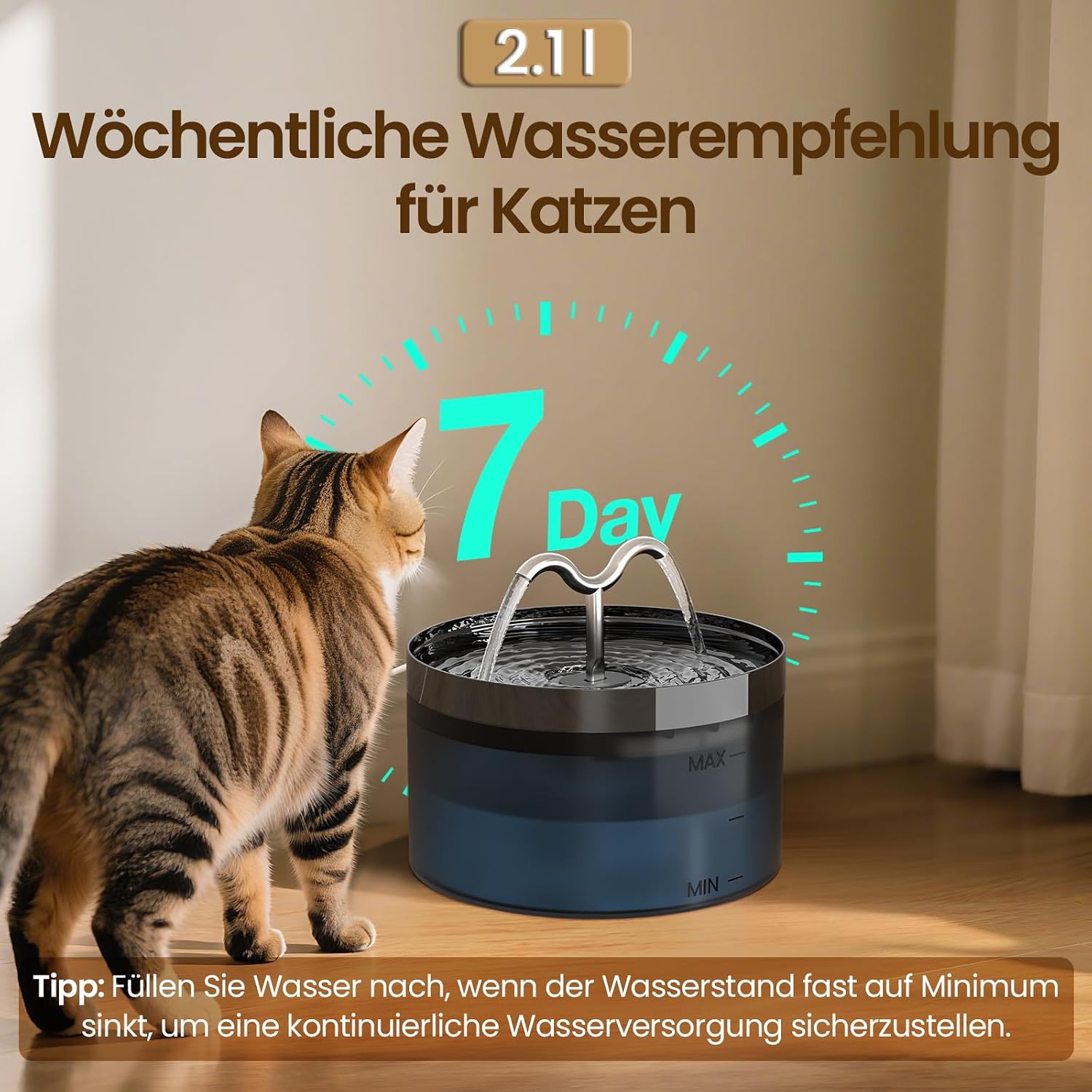 Detalle de DOOOB Katzentrinkbrunnen, 2,1L – Edelstahl, leise Pumpe, inkl. 6 Filter & 6 Schwämme