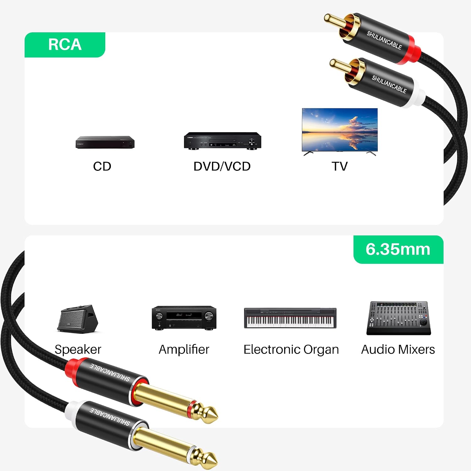 Detalle 2 de SHULIANCABLE 1/4-Inch to RCA Audio Cable, 6.6 ft