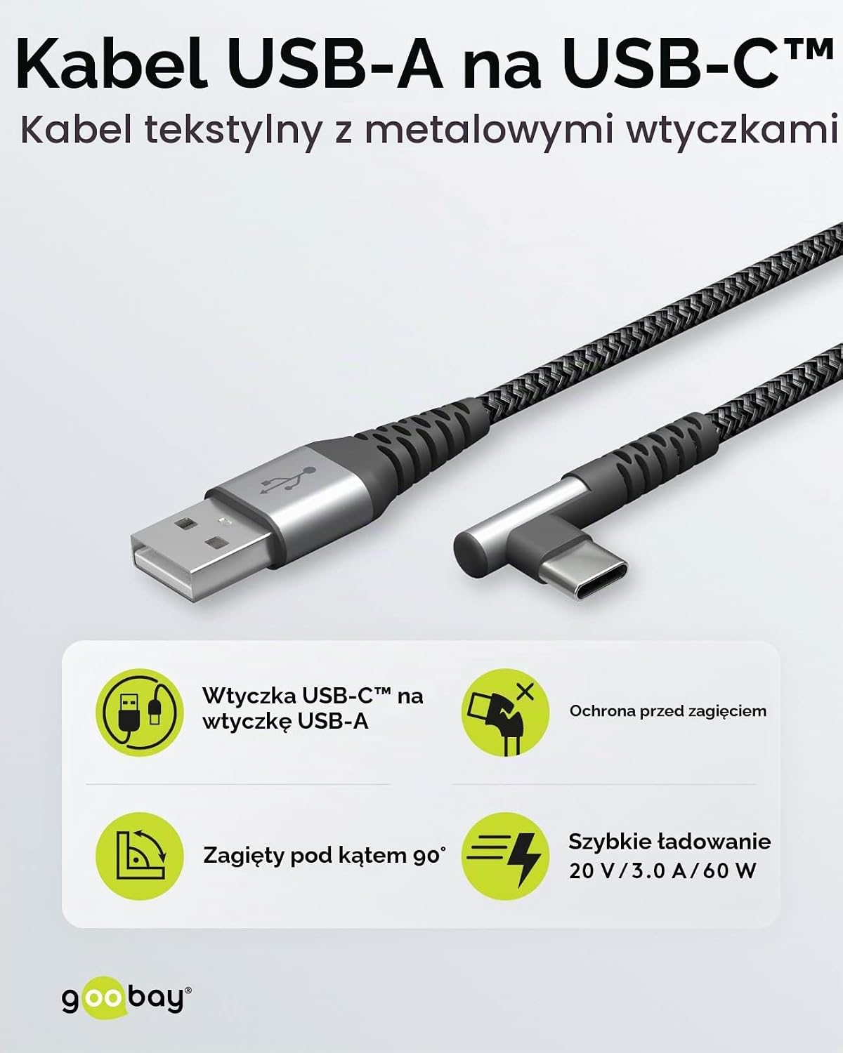 Detalle de Goobay 64656 kabel USB-A–USB-C 90°, 60 W, 1 m, pleciony