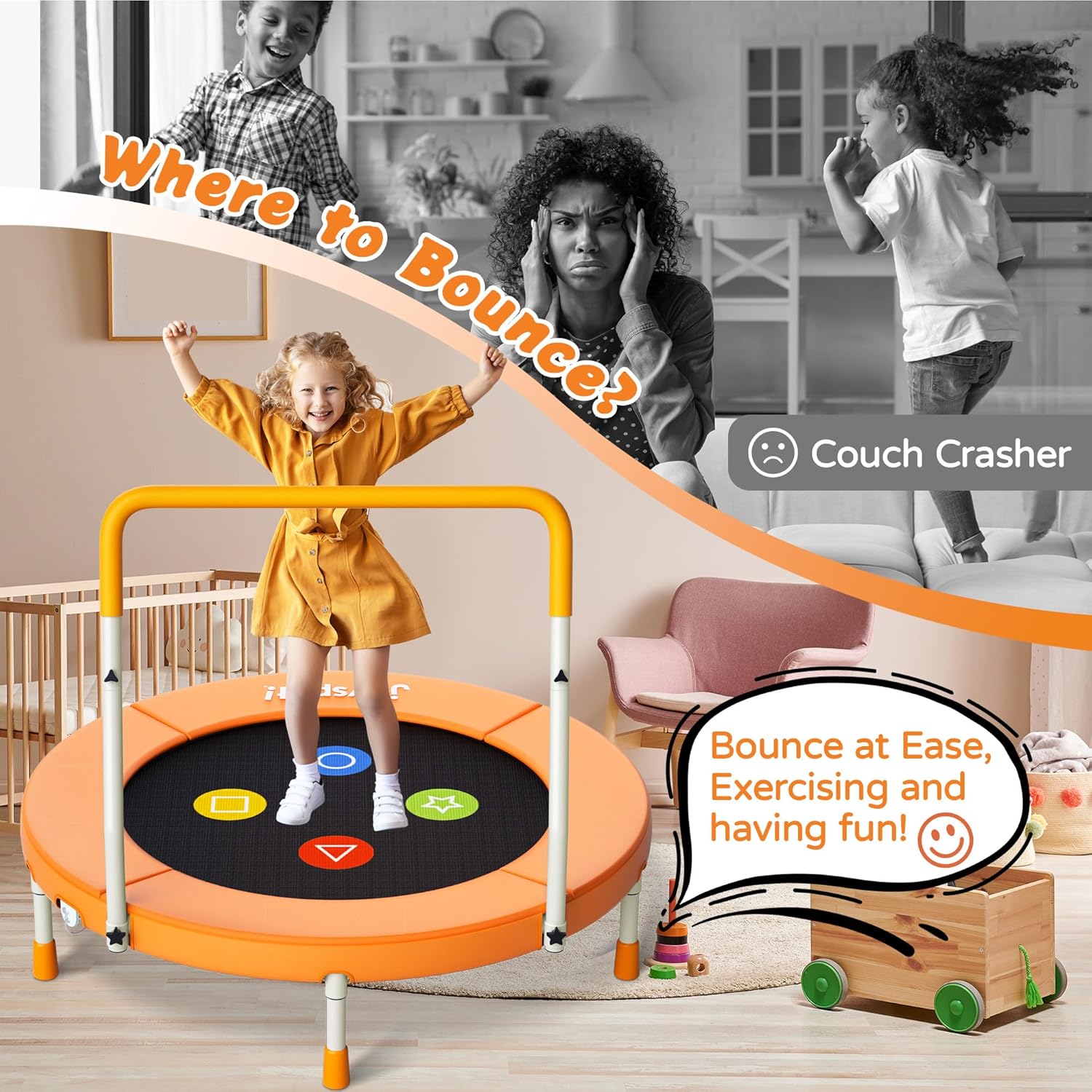 Thumbnail 6 de 3FT Toddler Trampoline with Adjustable Handlebar (36" Foldable & Spring-Free) — Noiseless Mini Jump Mat for Ages 1–6