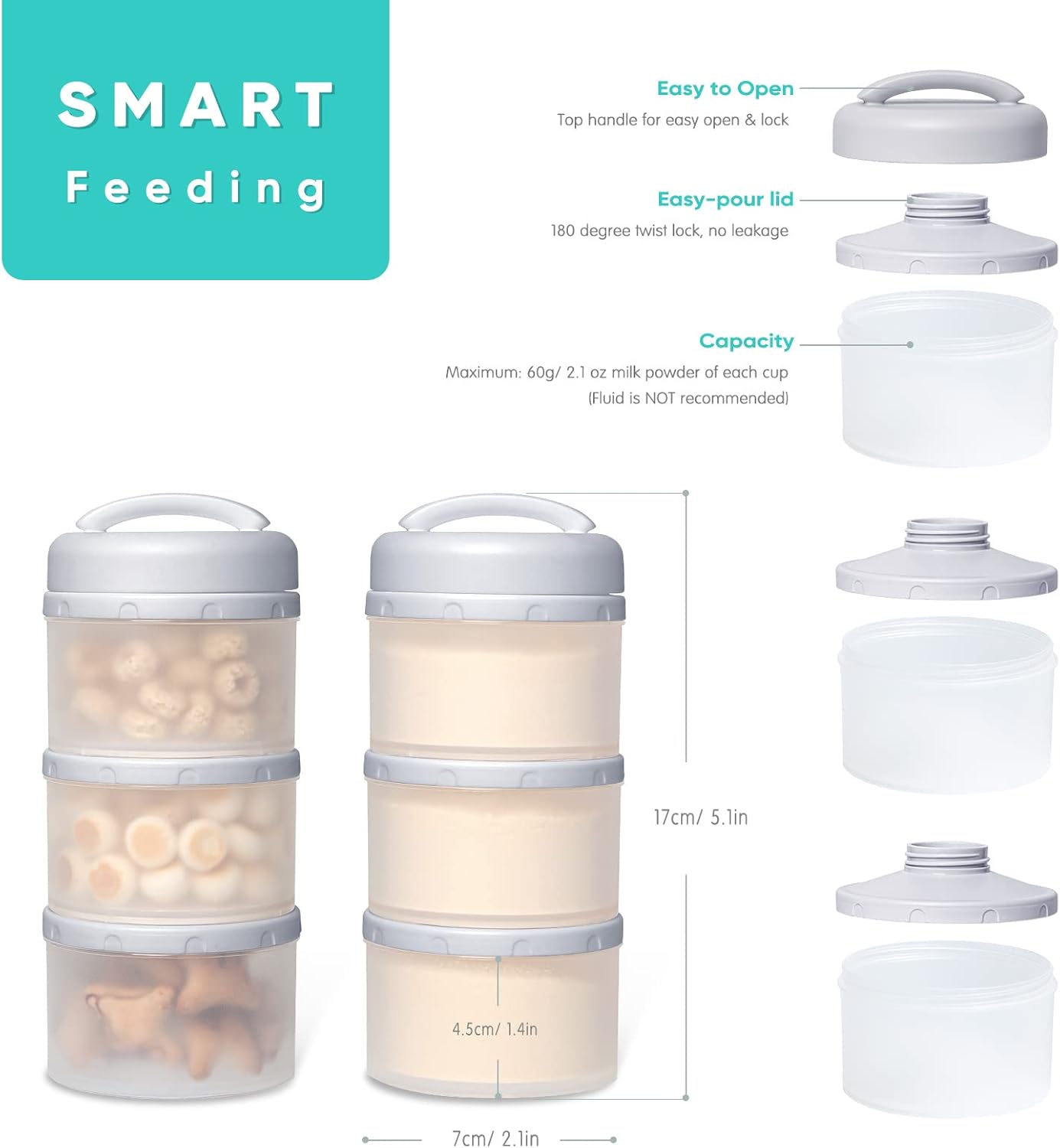 Thumbnail 1 de Termichy Baby Milk Powder Dispenser Pots (2 Pack, Grey) – Stackable formula container with independent spouts