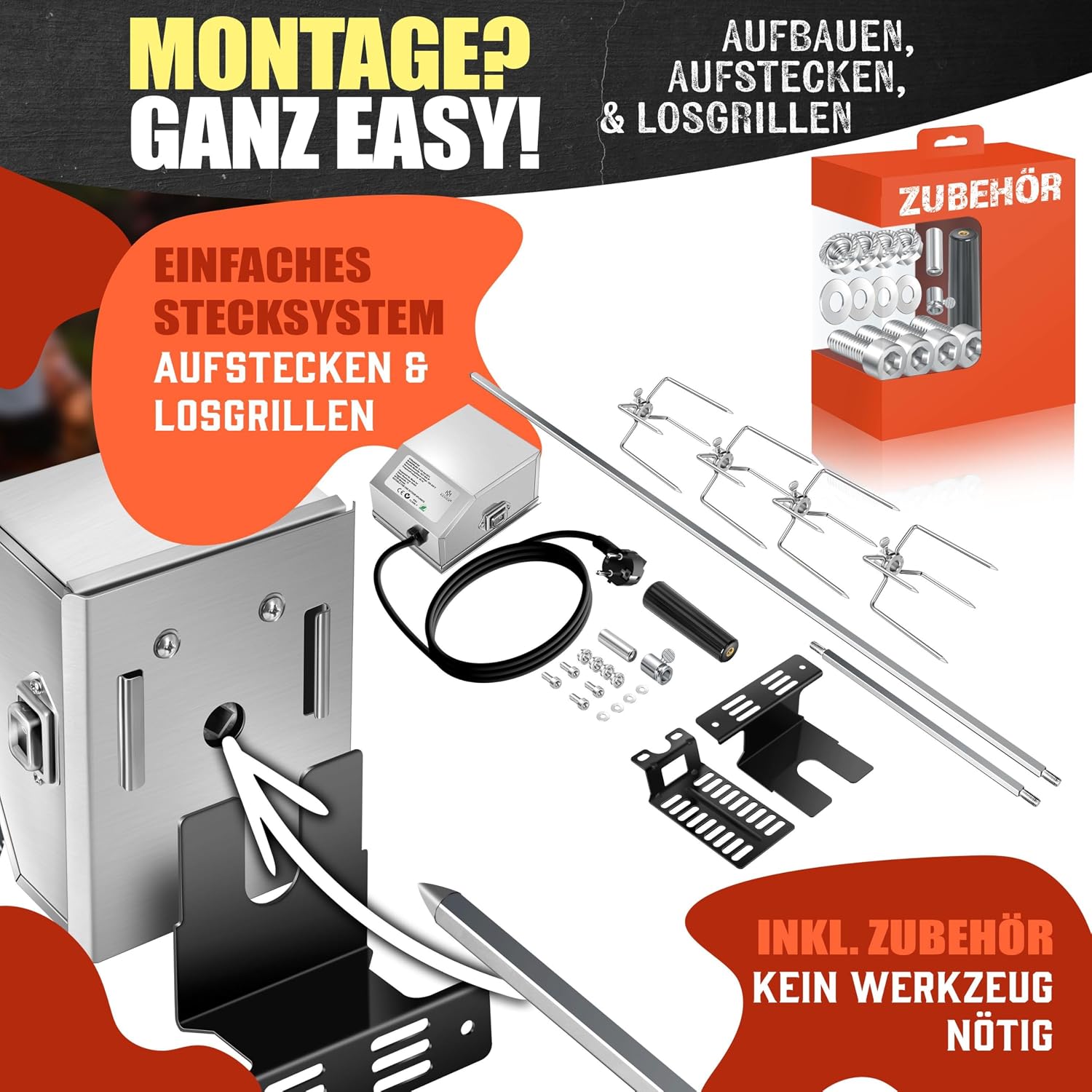 KESSER Edelstahl Grillspieß Set 107 cm – passendes Zubehör für Weber Spirit, inkl. 4 Fleischklammern, Motor 220–240V und Montagezubehör