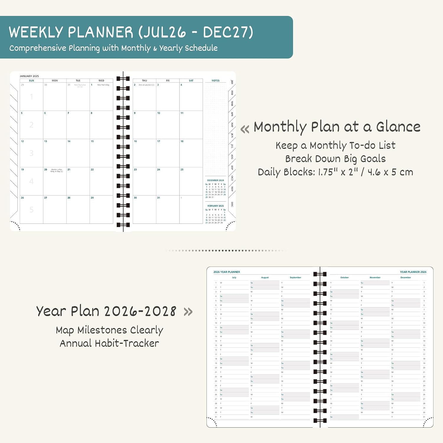 Thumbnail 2 de BEZEND A5 Academic Diary 2026-2027 Week to View – Dark Green PU Leather, Spiral