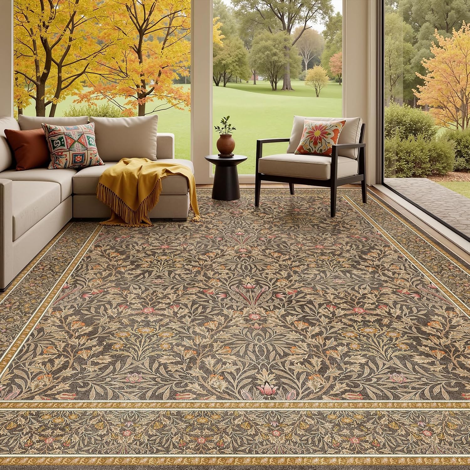 Detalle de Dadasgk Vintage Washable Area Rug, 8' x 10', Gold Brown Floral Faux Wool