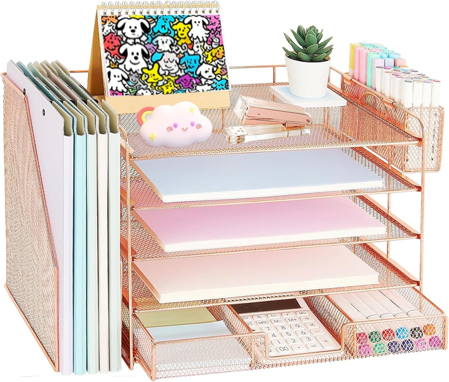 Detalle de Gugsey 5 Tier Desk Organizer, Rose Gold Metal File Holder with Drawer