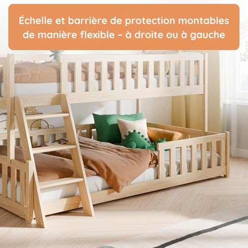 Detalle de Kids Collective Lit superposé 90x200 / 120x200 pour enfant et ado avec échelle, barrières et sommiers à lattes – Finition Naturelle