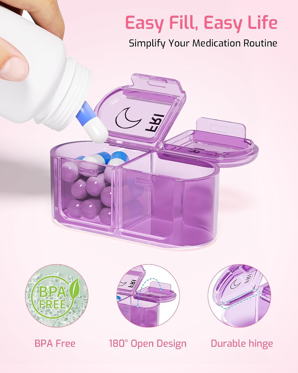 Thumbnail 2 de Daviky Weekly AM/PM Pill Organizer, 7-Day Easy-Open Box in Purple-Pink