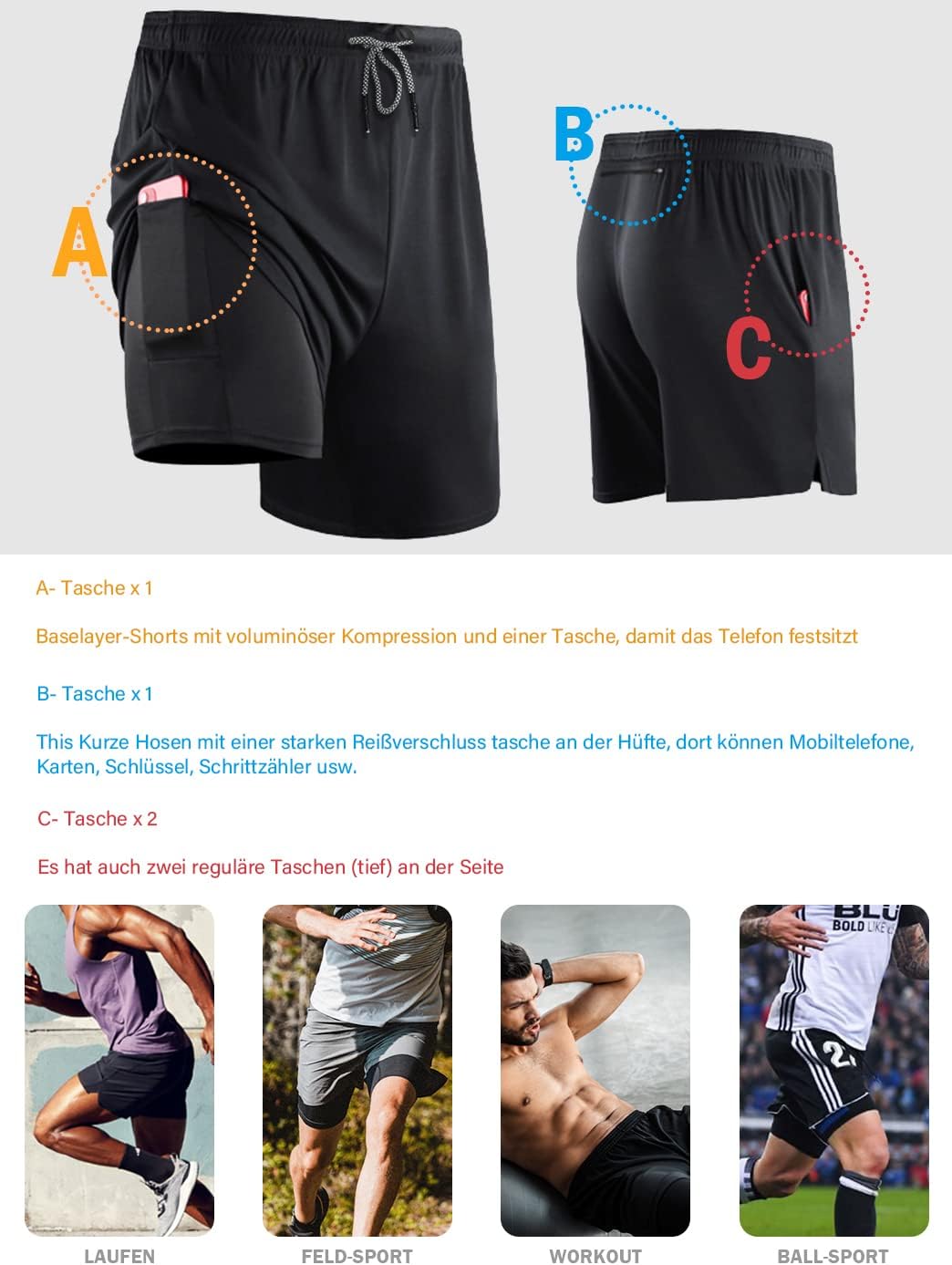 Detalle de HOPLYNN Herren 2 in 1 Shorts – Sommer-Laufshorts mit Taschen, schnelltrocknend und vielseitig einsetzbar