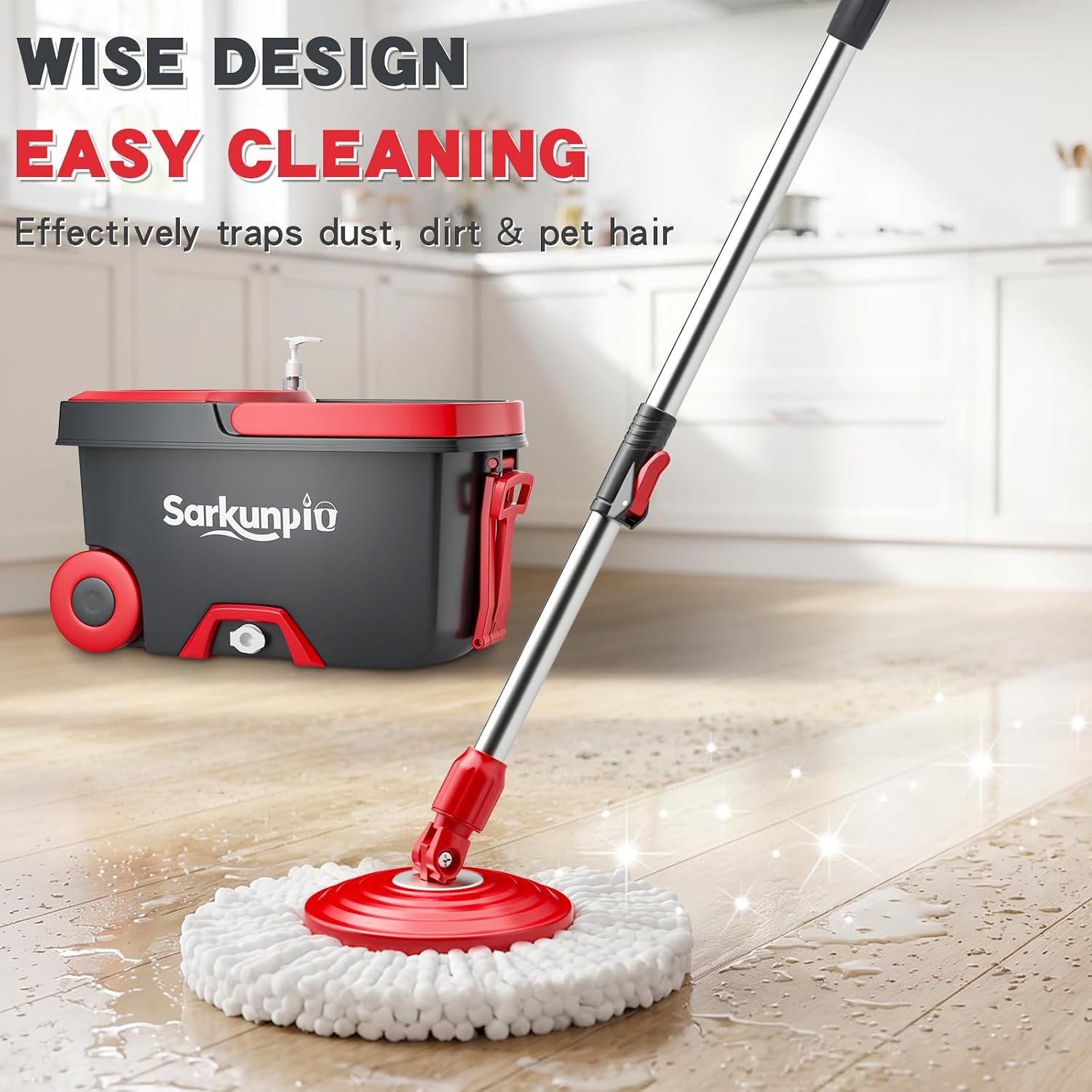 Detalle de Sarkunpio Mop and Bucket Set with Wringer: 61-Inch Spin Mop System with 6 Microfiber Heads
