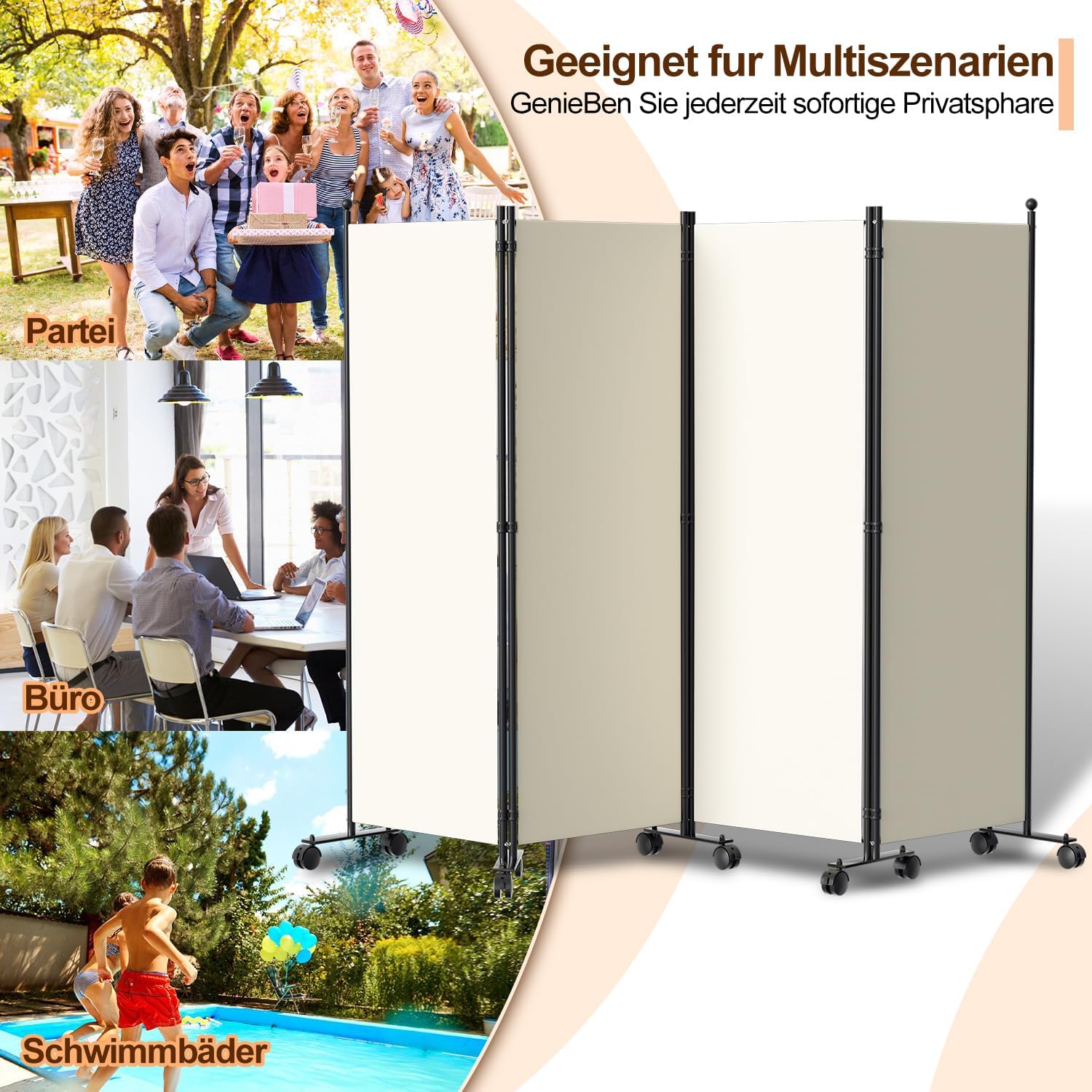 Thumbnail 6 de Vigevee Paravent divisorio pieghevole su ruote, 4 pezzi (Beige, 228 x 181 cm)