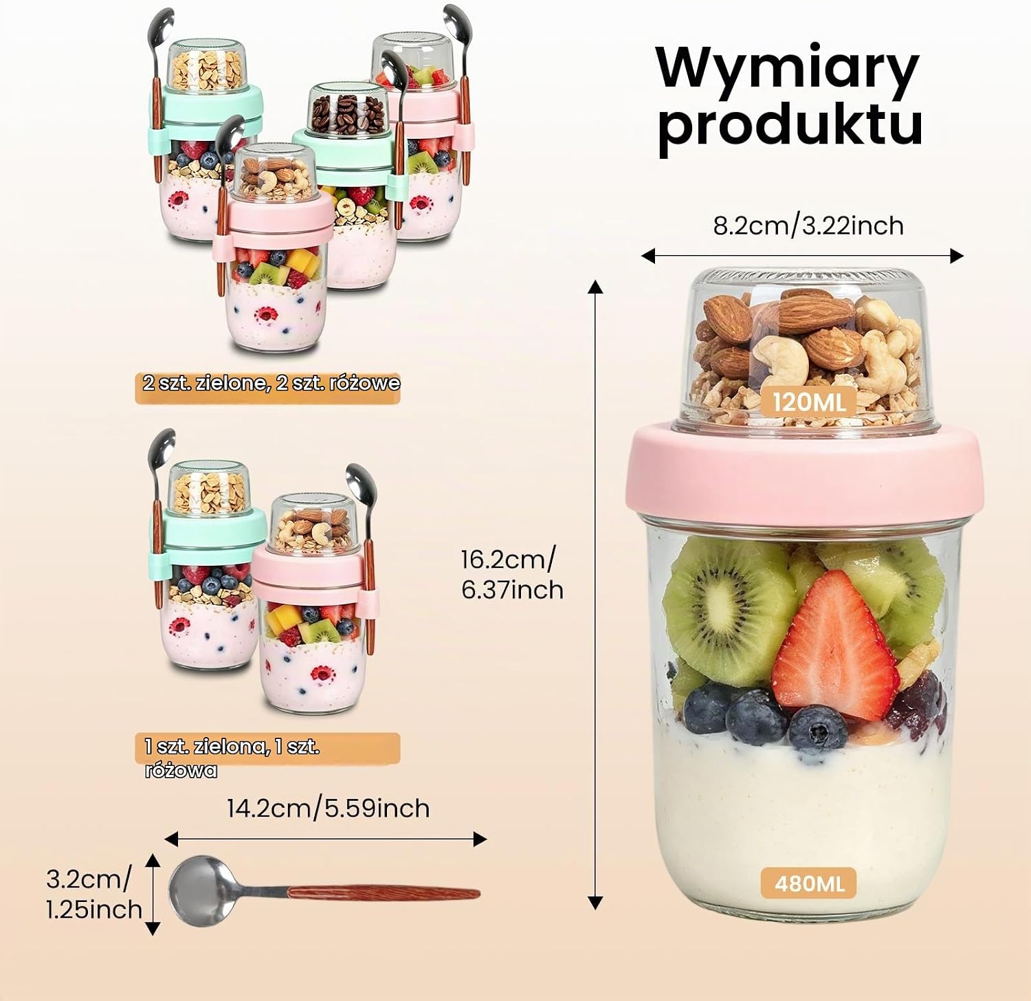 Detalle de OSDUE 600 ml – szklany pojemnik na jogurt i płatki, 4 sztuki z łyżką