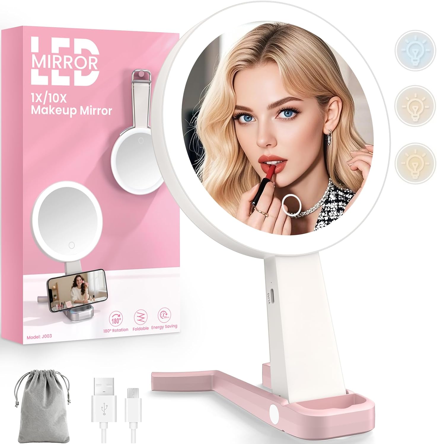 Detalle de FZIFZI Makeup Mirror with Lights (10X/1X) – Rechargeable LED Magnifying Vanity Mirror, Pink