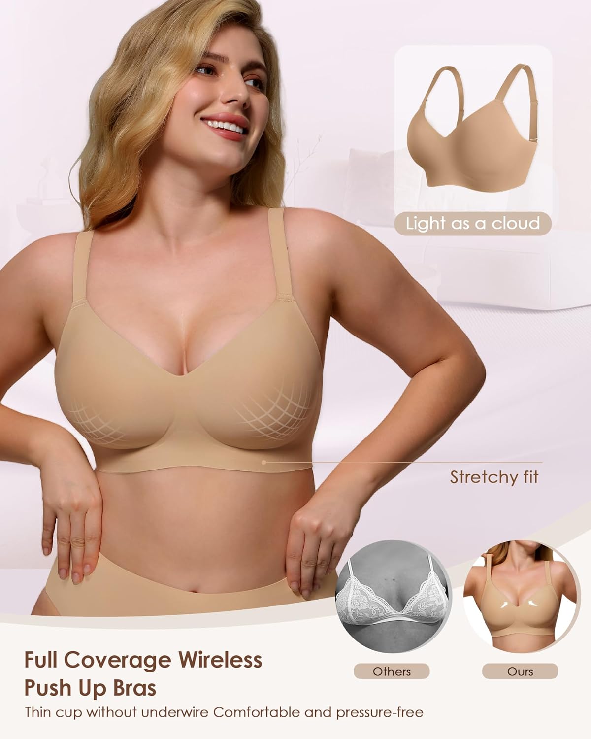 Detalle de As Fairy Wire-Free V-Neck Bralettes with Jelly-Strips Lift (Seamless, 33 Sizes)