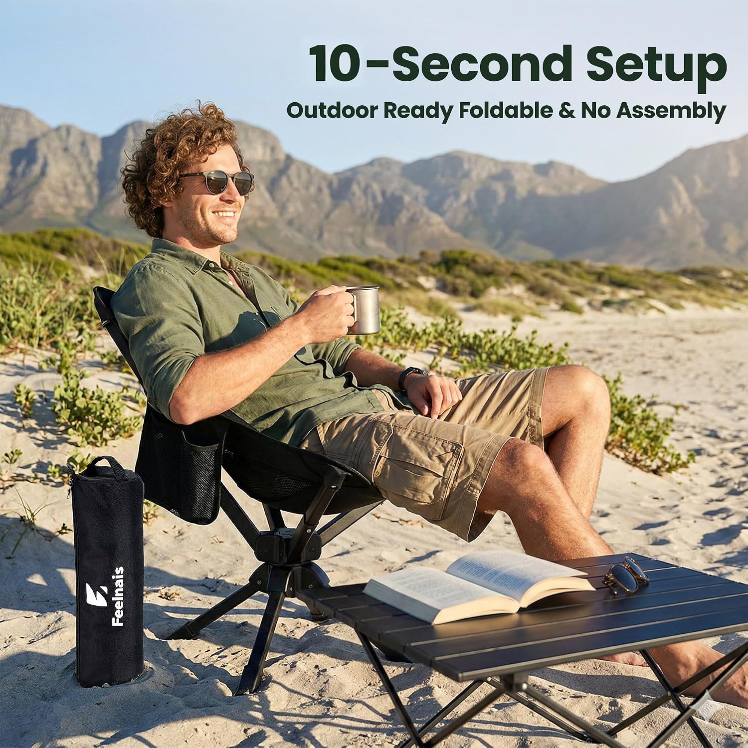 Detalle de Feelnais Folding Camping Chair (360° Swivel) — Lightweight, Portable, No-Assembly Outdoor Chair for Adults