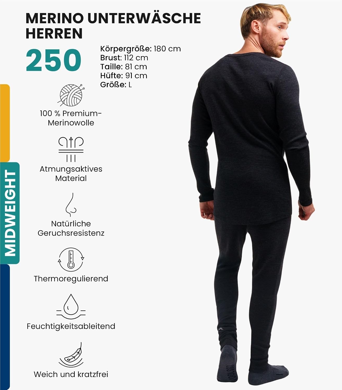 Detalle 2 de Merino Unterwäsche Herren Set Midweight 250 g/m²