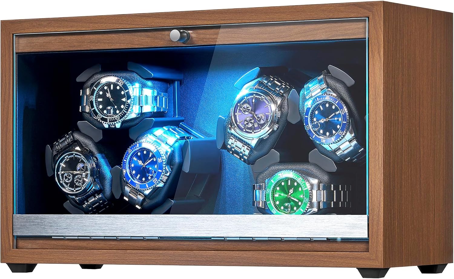 Detalle de ANWBROAD Uhrenbeweger für 6 Uhren – leiser Spinner mit LED-Beleuchtung aus Walnussholz