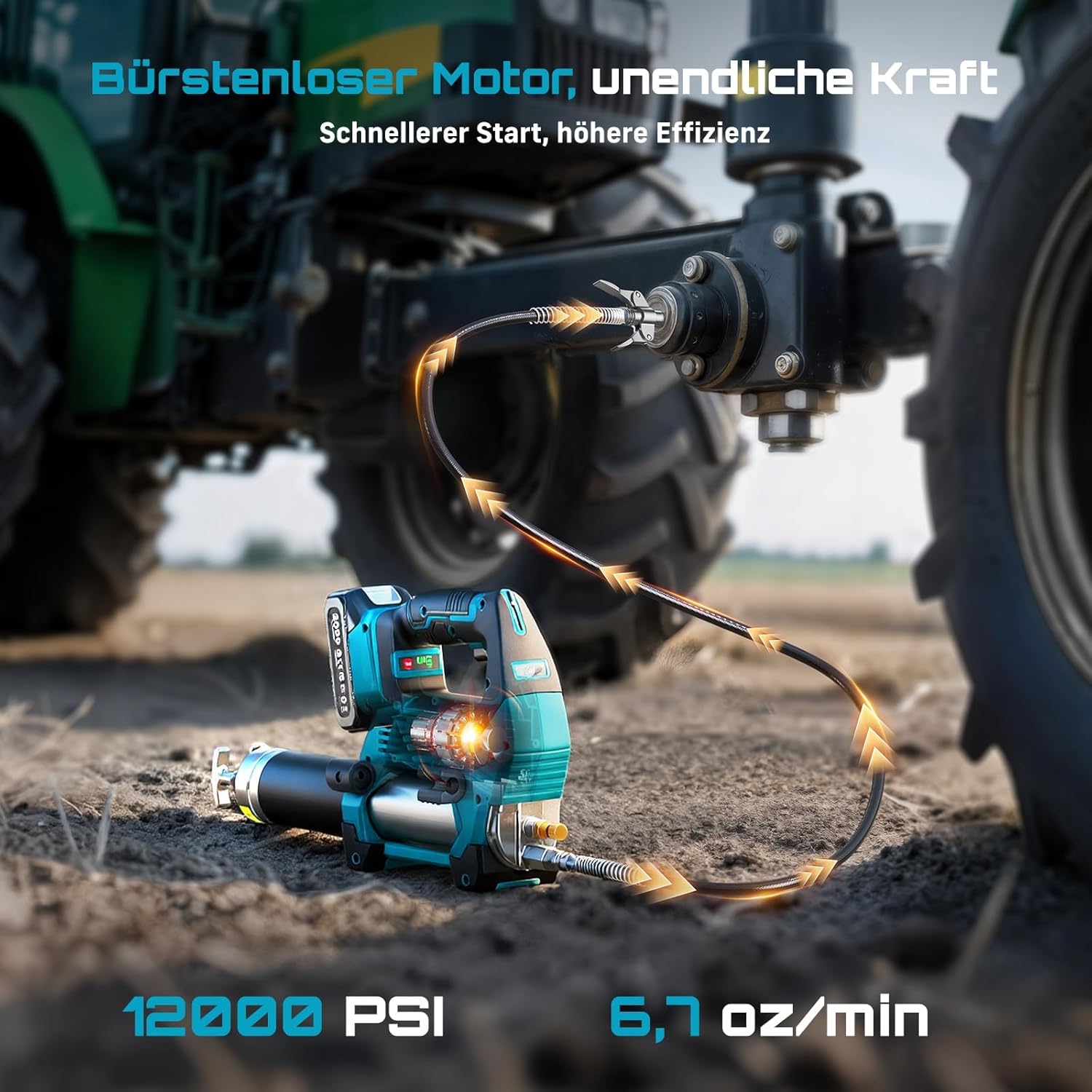 Thumbnail 2 de Seesii 10000 PSI Akku Fettpresse Set – 3 Geschwindigkeiten, 2 Akkus, 100 cm Schlauch, LED-Beleuchtung