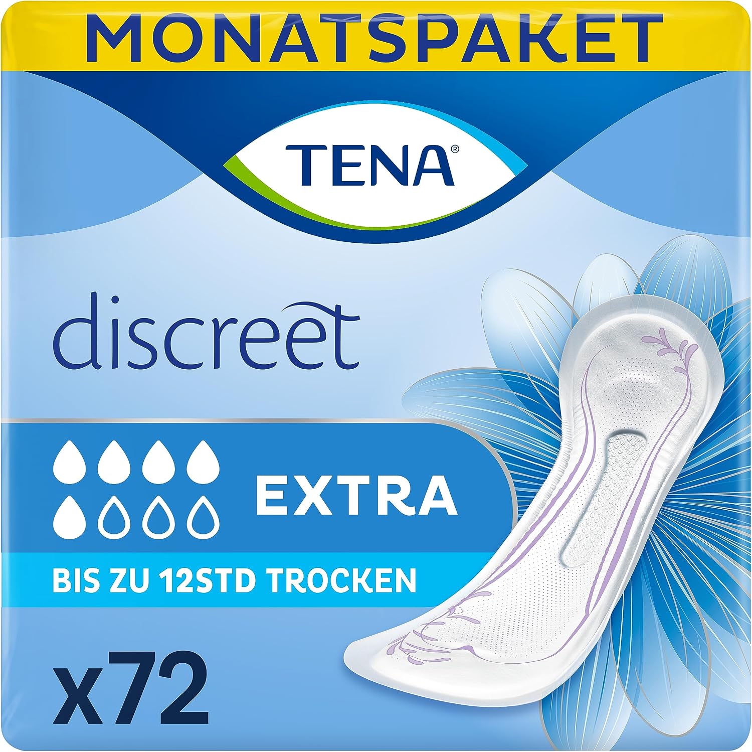 Detalle de TENA Discreet Extra – Hygieneeinlagen für mittlere Blasenschwäche, 72–Monatspaket (6 x 12 Stück) | Diskreter Schutz