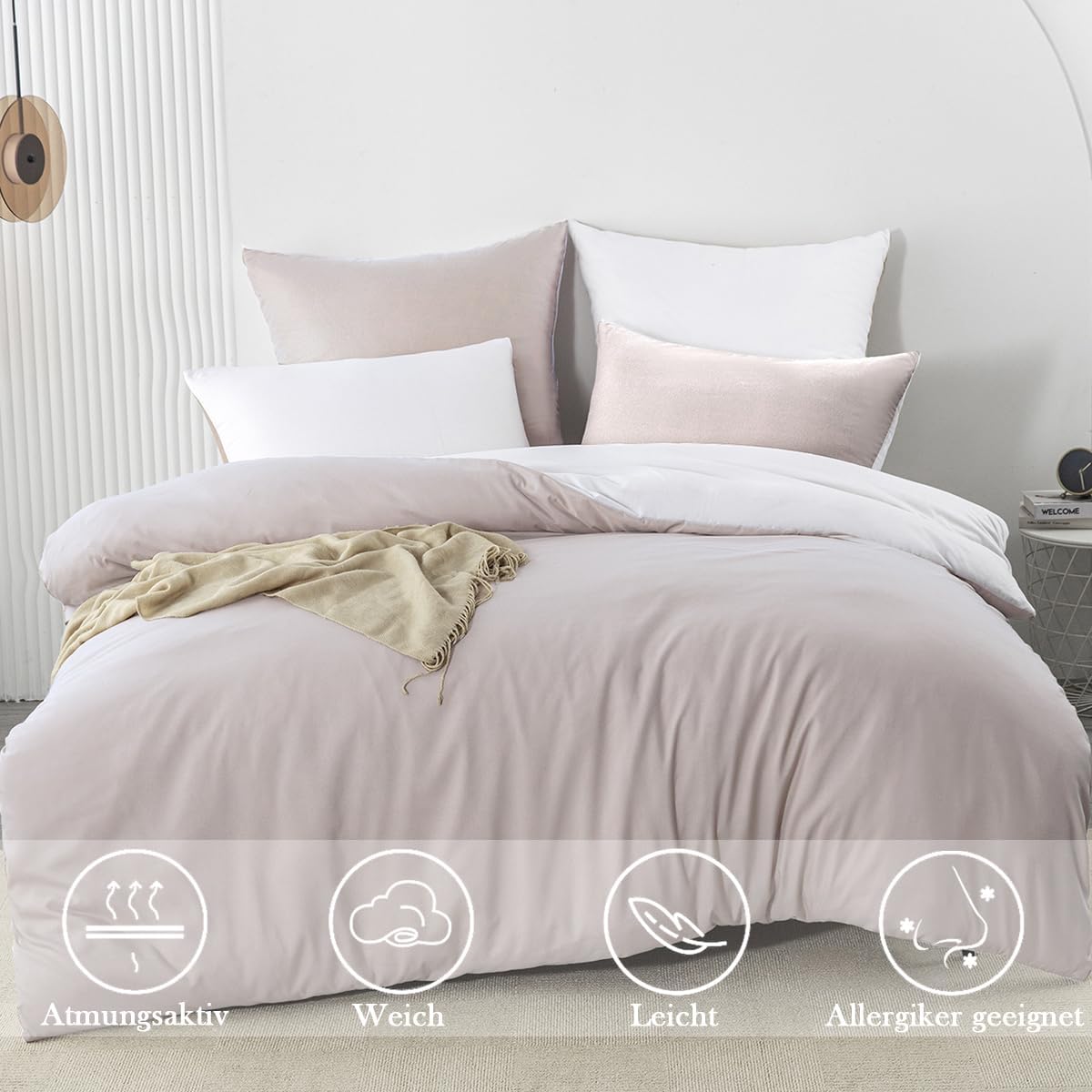 Detalle 2 de Nesture Wendebettwäsche 200x200 beige/weiß – 3-teiliges Microfaser-Set mit Reißverschluss