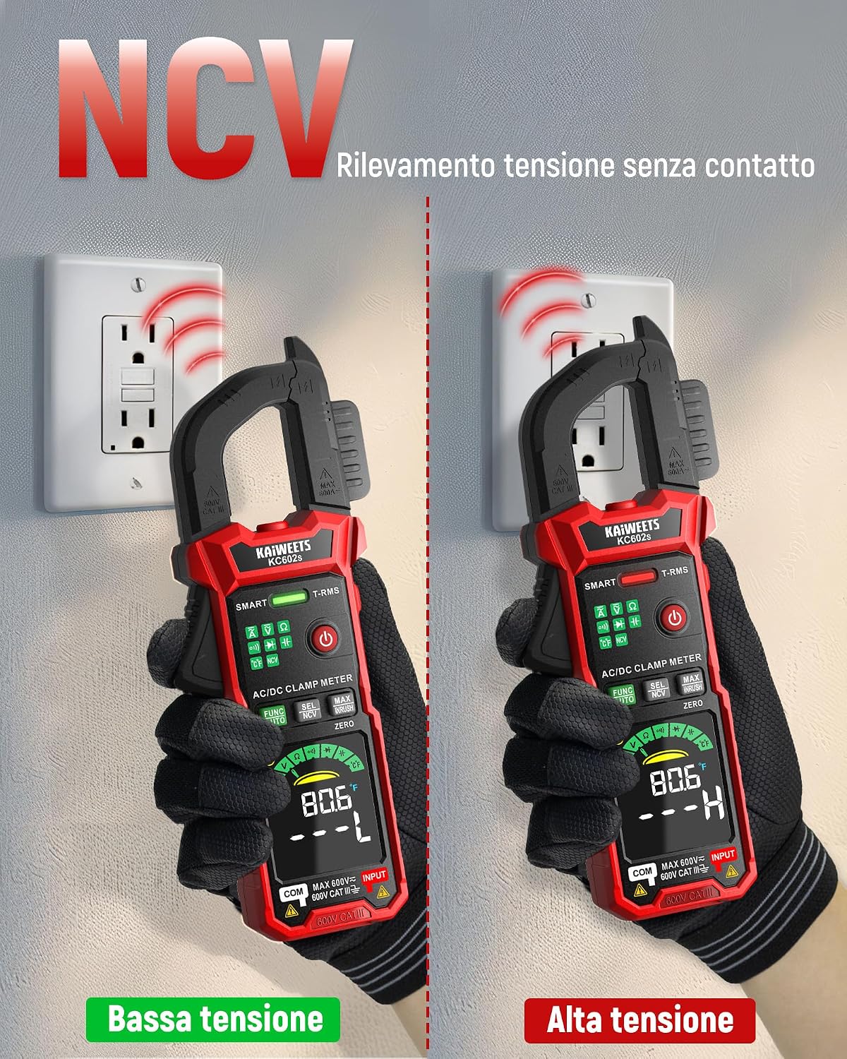 Detalle de KAIWEETS KC602S Pinza Amperometrica Digitale 600A TRMS: Misura Automatica e Multifunzionale