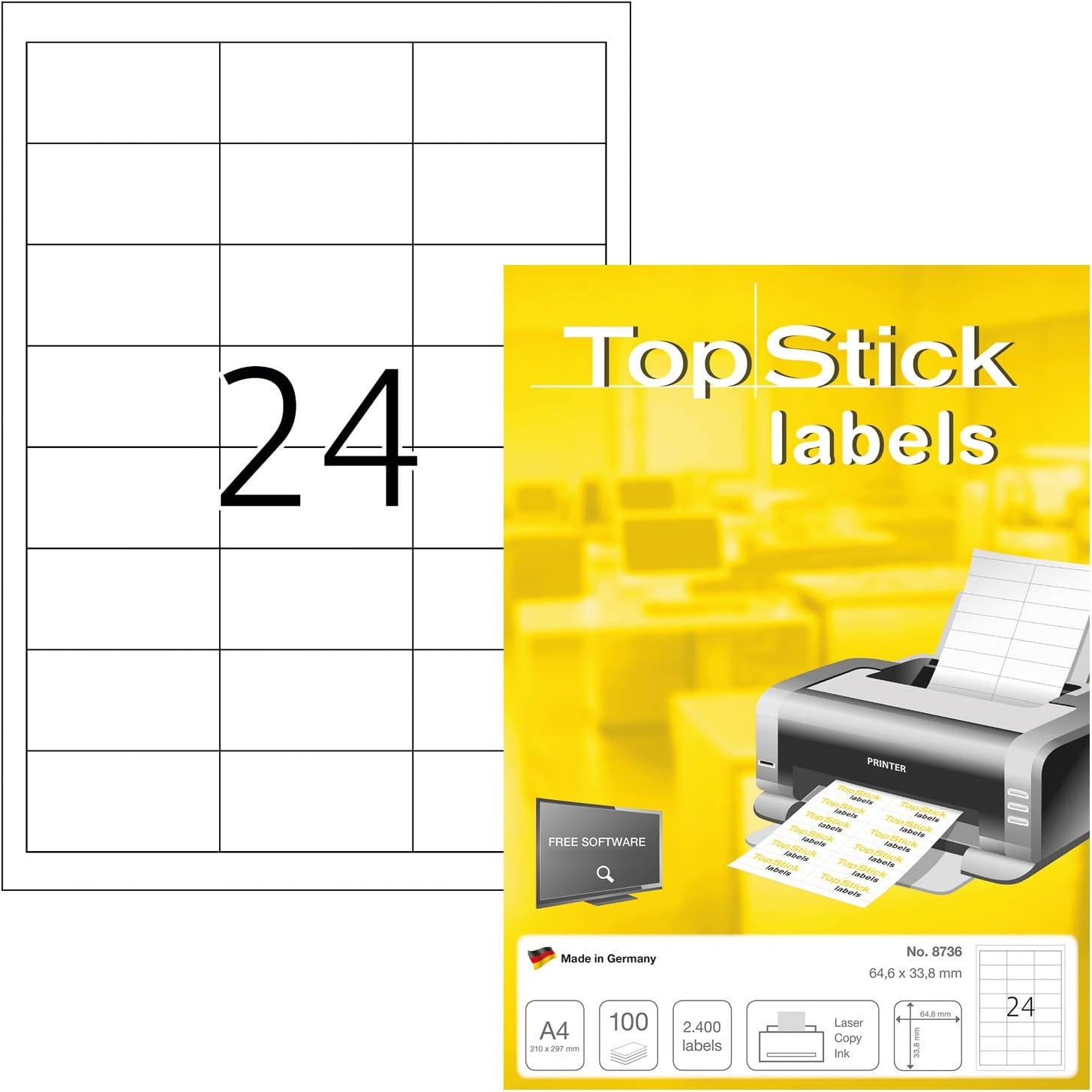 Thumbnail 2 de TopStick 8736 Universal Etiketten – 64,6 × 33,8 mm, 2400 Stück, selbstklebend, matt, DIN A4