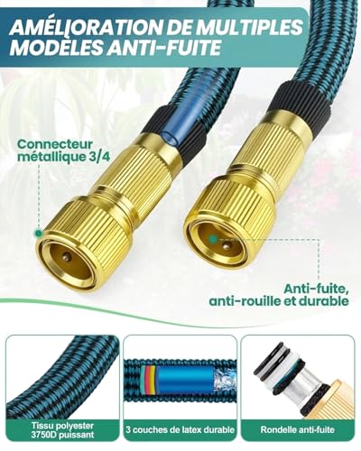 Detalle 2 de Zenmos Heavy Duty Tuyau d'Arrosage Extensible 30 m – Pistolet 10 Fonctions, Laiton 3/4" et 1/2", Léger et Robuste