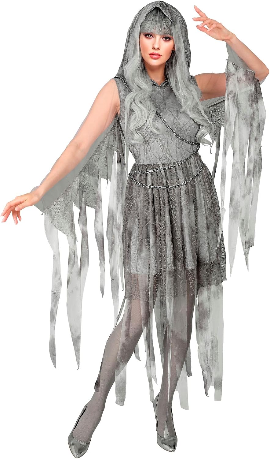Detalle 2 de W WIDMANN MILANO Ghostly Spirit Kostüm für Damen – Grau, Kapuze mit Kette, Größe XL