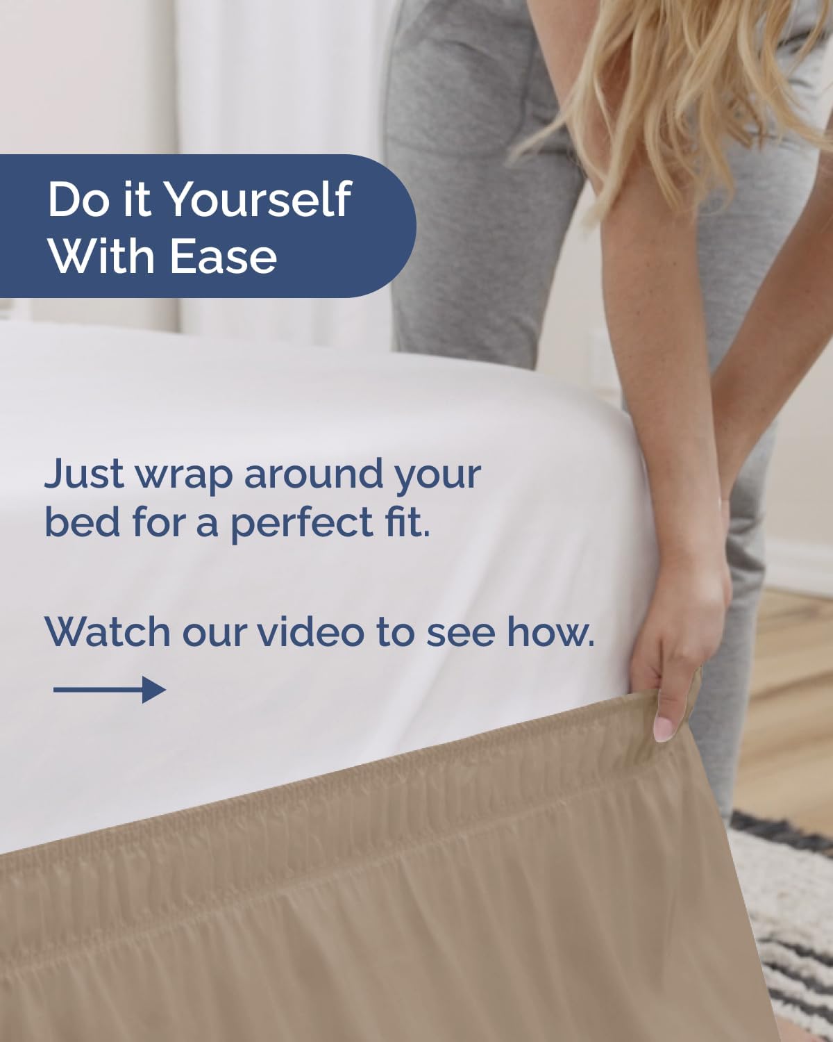 Thumbnail 2 de Wrap Around Dust Ruffle Bed Skirt - Cream for Queen Size Beds (21 Inch Drop) with Elastic Wrap