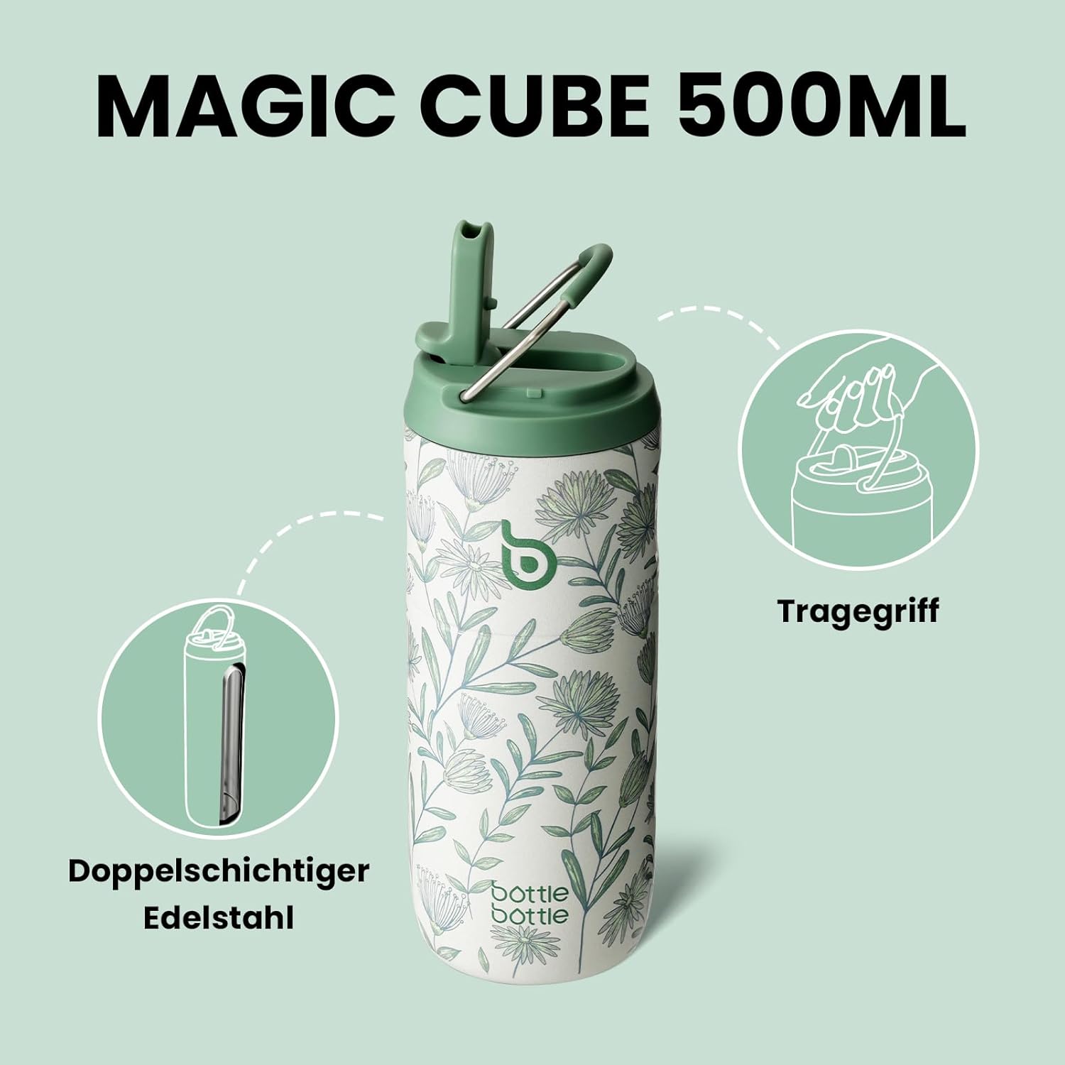 Thumbnail 3 de bottlebottle Gourde en acier inoxydable avec paille, 500 ml, sans BPA (Flourishing Flowers)